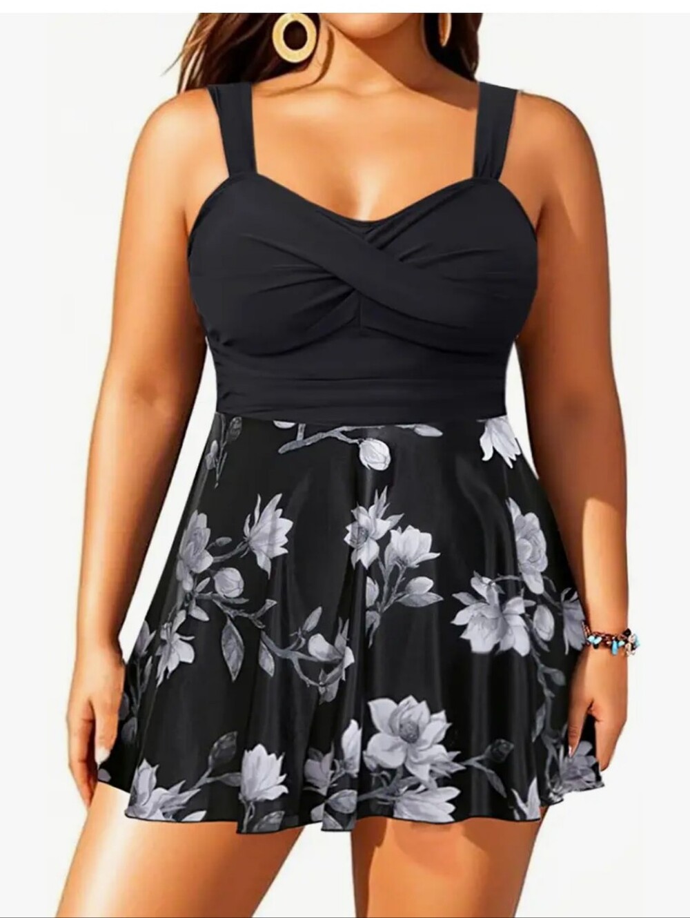 Two Piece Black, White And Gray AFloral Swim Dress